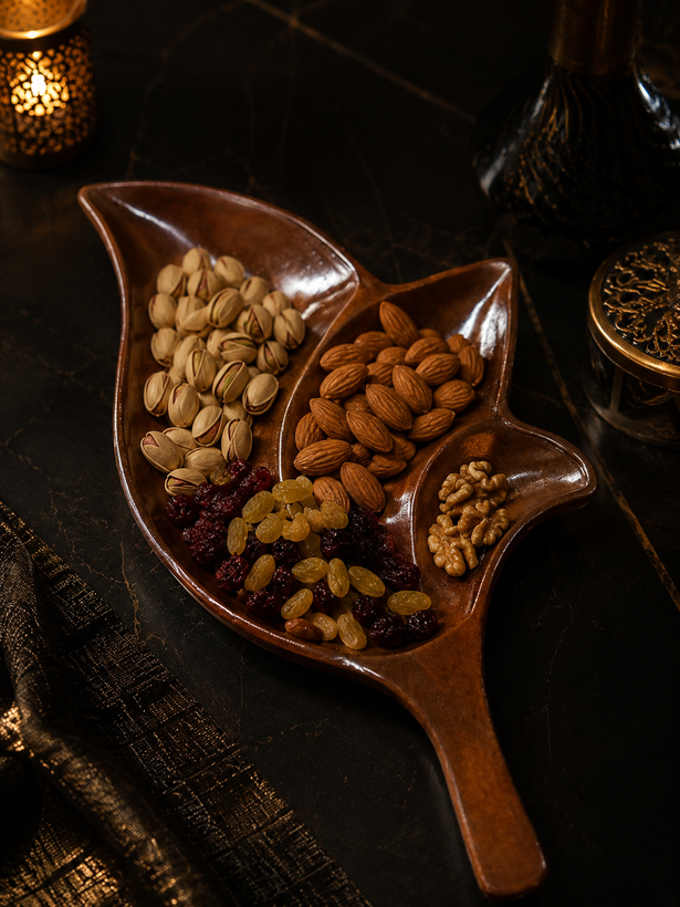 ظرف اردوخوری چوبی طرح برگ ماروک | ظرف پذیرایی