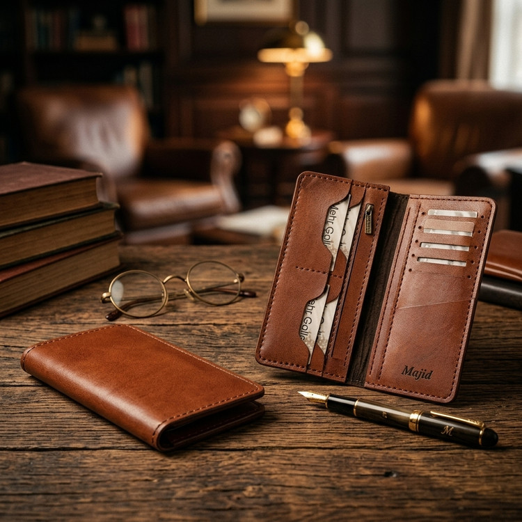 کیف پول کتی چرم اصل قهوهای ماروک با قابلیت حکاکی دلخواه