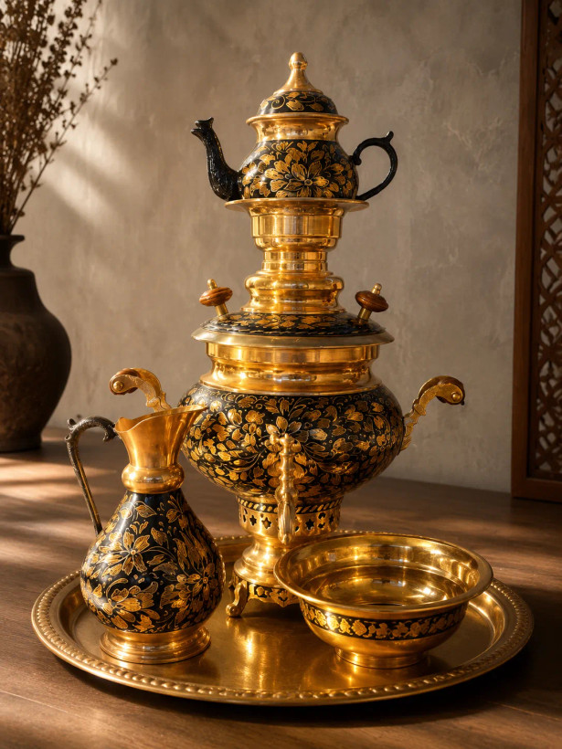 سرویس سماور مسی ۵ تکه، ست کامل دکوری قلمزنی