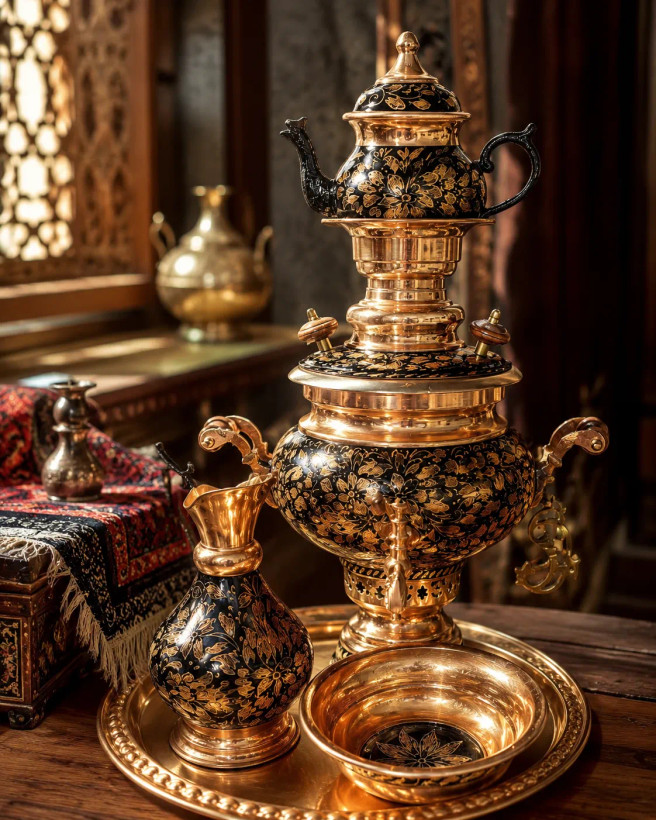 سرویس سماور مسی ۵ تکه، ست کامل دکوری قلمزنی
