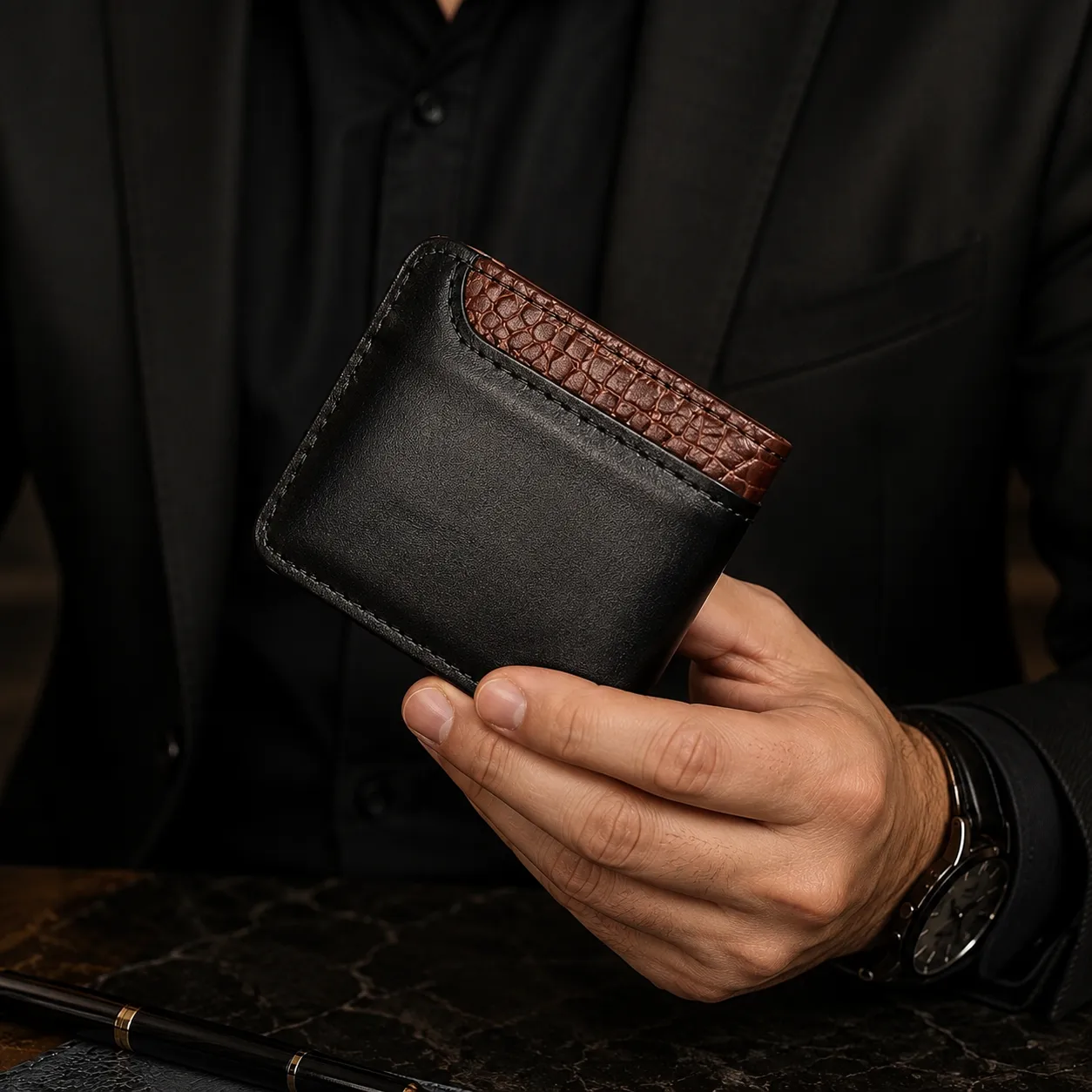 کیف پول تاشو مردانه چرم گاوی دست‌ دوز با امکان حک نام دلخواه ماروک